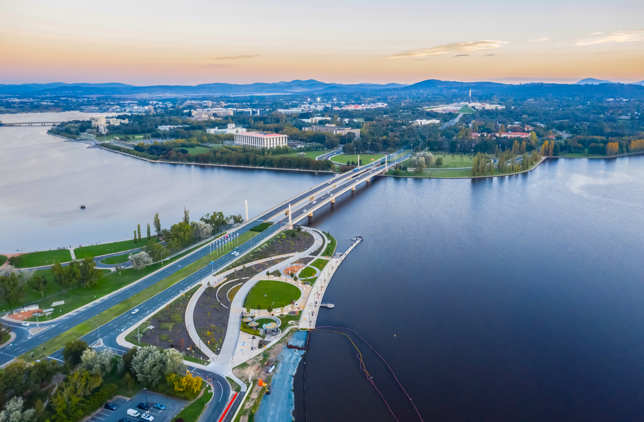 Aerial view of Commonwealth Bridge in Canberra, Australia