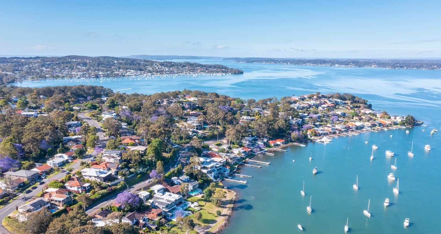 Aerial view lake Macquarie -Eleebana - Newcastle NSW Australia